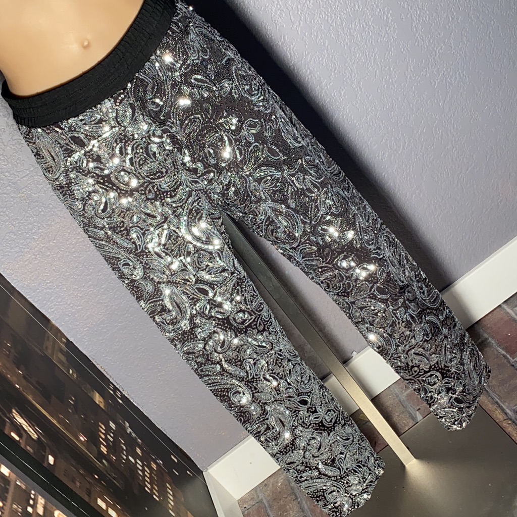 Anthropologie - Joggers W Silver Sequins On Mesh W Elastic Waist - S